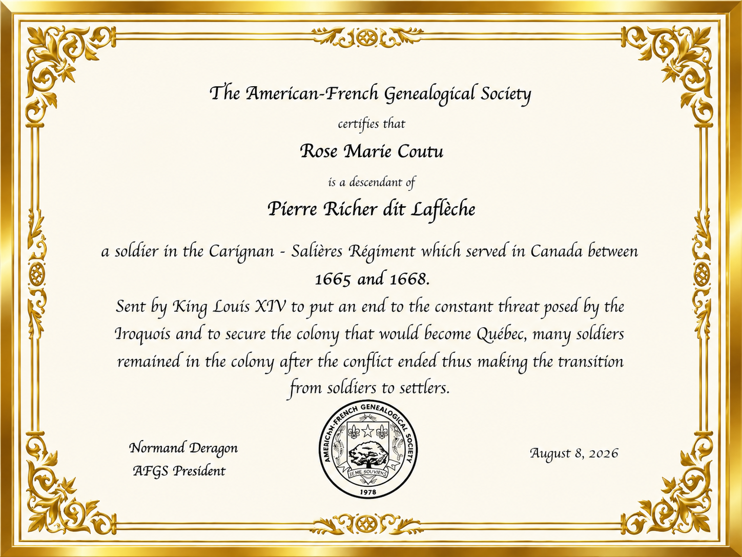 Carignan Soldier Certificate